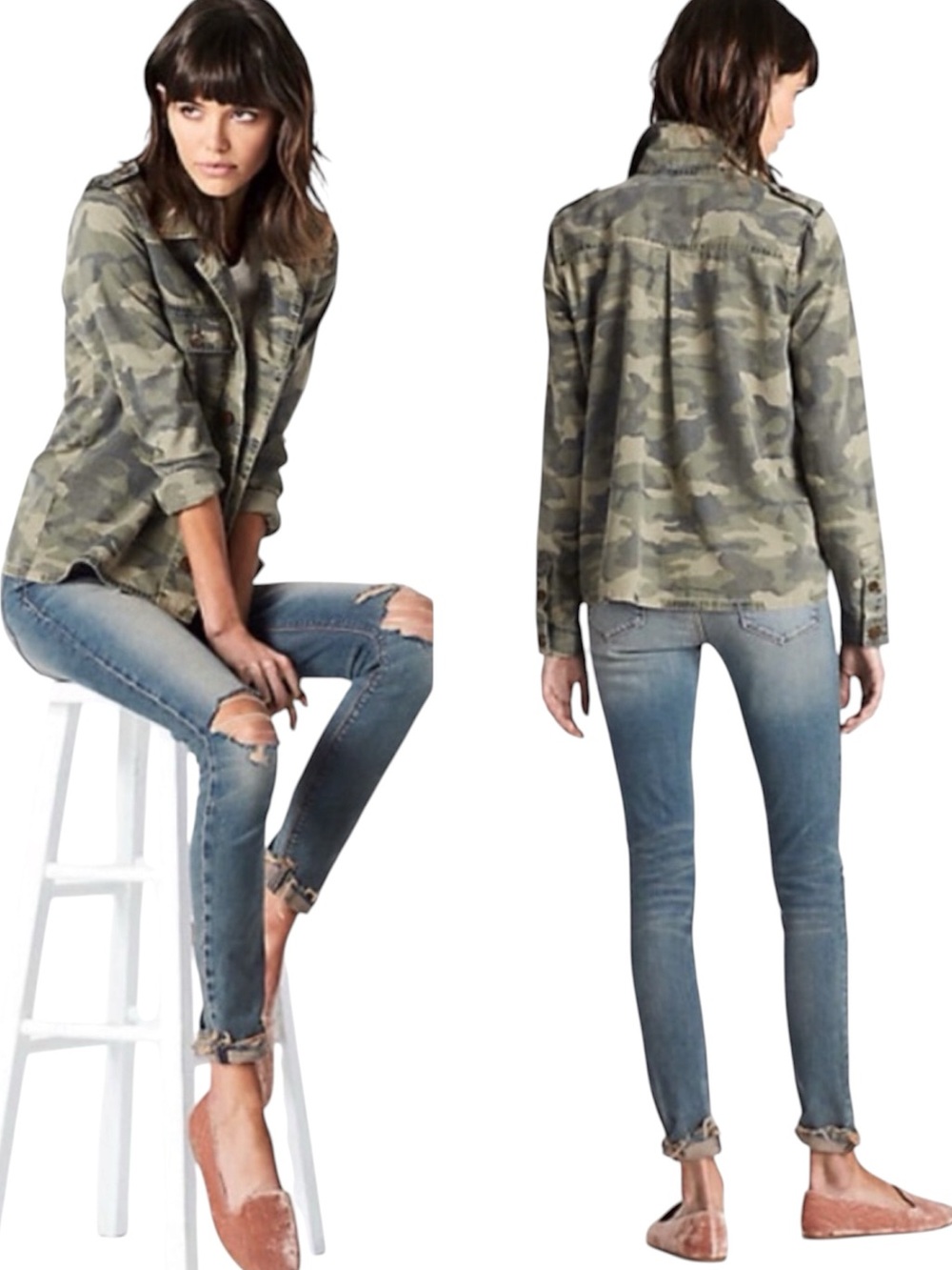 LUCKY BRAND Camo Utility Jacket Size Medium Green Military Button Front Lyocell
